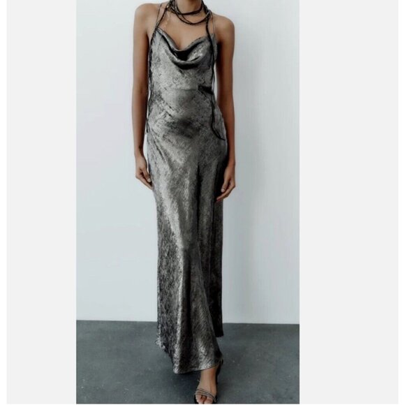 ZARA NEW WOMAN SILVER SATIN EFFECT SLIP DRESS Size L REF:8496/746 - Picture 8 of 16